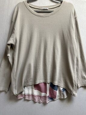 Made In Italy Waffle Knit Split Back Layered Long Sleeve Top Beige OS